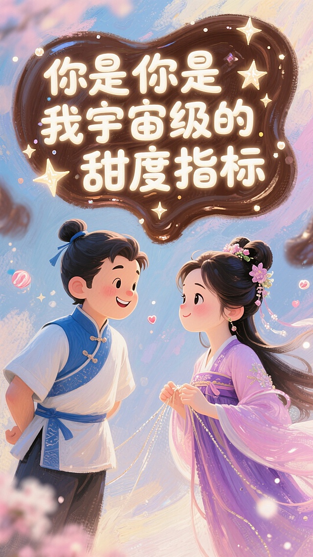 梦幻水彩风插画，卡通动漫人物对视微笑，粉色樱花飘落，大字发光文字“你是你是我宇宙级的甜度指标”，满溢甜蜜可爱感。
