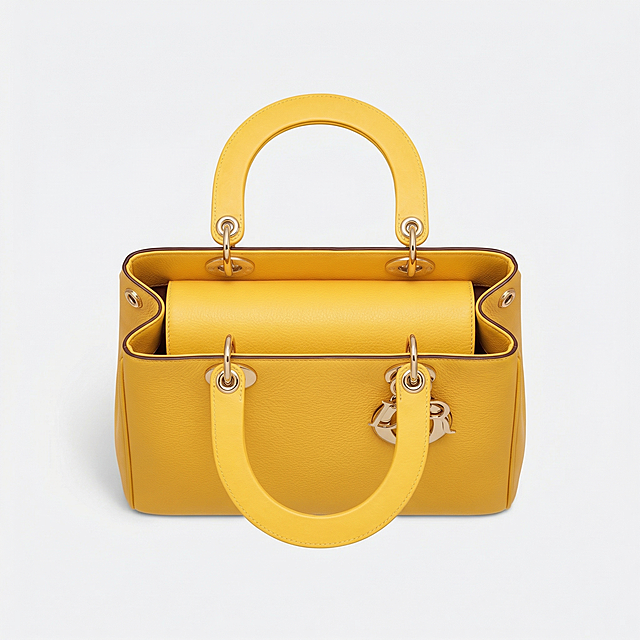 顶部俯视视图：High Definition, Natural Soft Light, Clean pure white background, top-down view, 1:1 aspect ratio, studio product photography, display double top handles and opening structure, bright yellow leather surface, even lighting, highlight the bag's symmetrical design, strictly restore all details including color, handle design and overall shape as in the uploaded product image