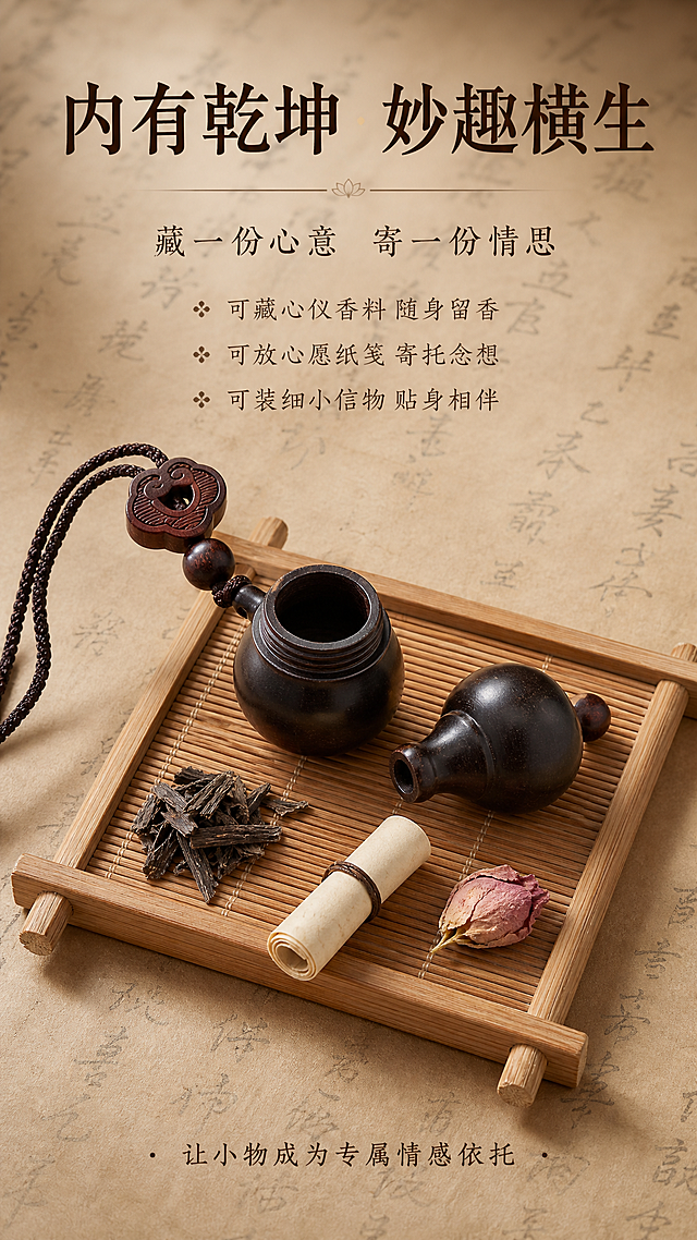 [第8张] 使用方式页-藏香料/纸笺趣味玩法展示。本张使用【图3】作为中空收纳参考。
[氛围/风格] 生活雅趣风，诗意浪漫，东方情调。
[元素布局] 画面中央展示打开的葫芦，旁边摆放几样可收纳小物：一小撮干沉香/茶叶、一卷迷你纸笺、一小片干花；葫芦主体与盖子分开放置在竹制茶则上；背景铺一张泛黄的旧宣纸，上面有模糊的毛笔字迹；整体营造「藏物寄情」的诗意氛围；葫芦开合结构、木质颜色与输入图一致。
[光影质感] 柔和顶光+侧光，营造温暖静谧氛围，物体投影自然，纸笺与干物质感清晰。
[配色色系] 全局底色 #EDE0CC（暖米灰）；主色深棕木色；辅助色竹黄色、赭石红、墨灰。
[视角构图] 俯视45°角，平铺展示构图，阅读动线顶部标题 → 中部物品陈列 → 底部情感文案。
[文字版式] 顶部主标题「内有乾坤 妙趣横生」，副标题「藏一份心意 寄一份情思」；下方三行玩法说明：「可藏心仪香料 随身留香」「可放心愿纸笺 寄托念想」「可装细小信物 贴身相伴」；底部一行小字「让小物成为专属情感依托」；字体楷体+宋体，字色深棕，排版有诗意。
[比例分辨率] 9:16 竖版比例，2K分辨率，文字清晰可辨，高清画质。
[负向提示词] 葫芦变形，物品杂乱，颜色偏差，水印，文字过小，包装元素。