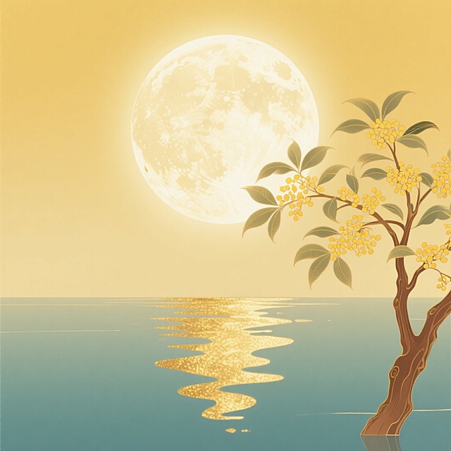 工笔与鎏金风融合，月华映水，桂枝静立，古典雅致中透出中秋的静谧与诗意。