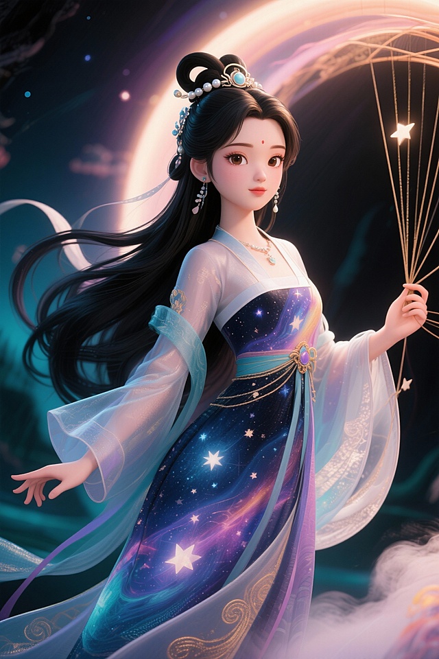 仙女，约18-20岁，容颜绝世，气质空灵脱俗。乌黑长发如瀑布，头戴简单珠翠或鲜花。身着飘逸的七彩霓裳或白色纱裙，点缀星光。身姿轻盈，周围有微光或仙气环绕。天上的织女，空灵美丽，神情宁静，乌黑长发飘逸，身着优雅汉服或带有星云图案的天衣，周身环绕柔和光晕和仙雾，神圣而优雅，中国神话仙女，3D国漫风格