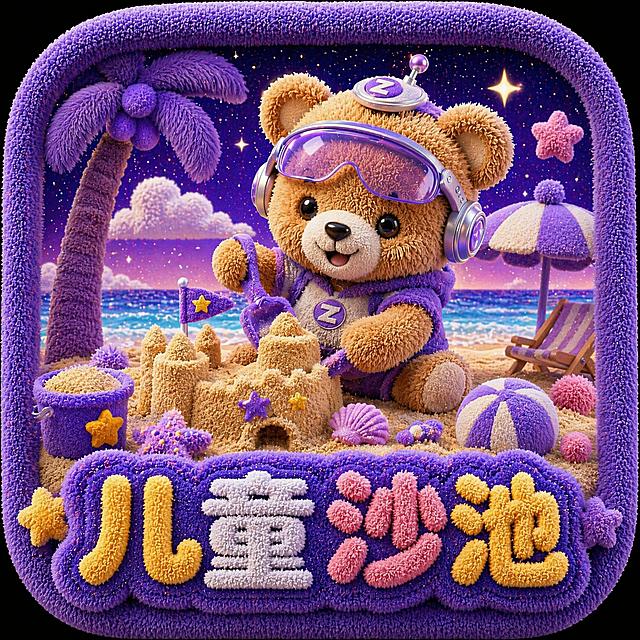 参考参考图紫色毛绒小熊IP风格设计图标：小熊在海边沙滩游玩堆沙堡，图标下方加上毛绒材质字体文字"儿童沙池"，整体为紫色毛绒立体质感，保持圆角方形图标设计，配色风格与参考图一致