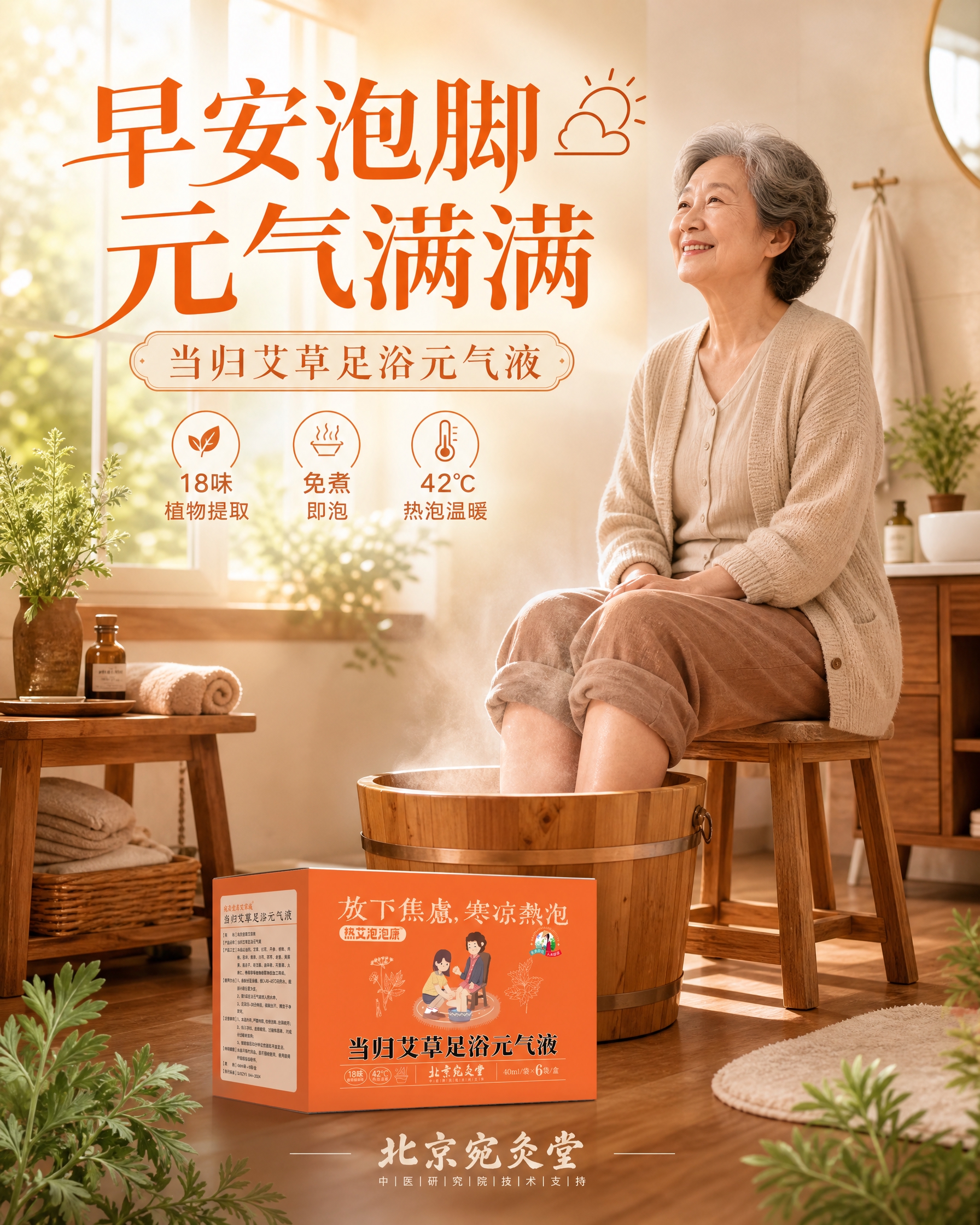 电商早安产品海报，竖版构图。背景是温馨的居家浴室场景，一位慈祥… - 图片创意预览