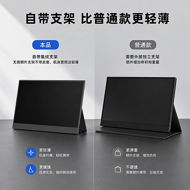 使用电商主图技能生成12张比例1:1的电商主图，适配平台为京东，商品为「图片1」「图片1」「图片1」「图片1」「图片1」「图片1」，商品卖点为参考同行热卖的15.6寸便携显示器，其他要求为注意：背部支架多角度可调节 不带皮套 不接外部支架 产品外观请严格遵循上传的图片！