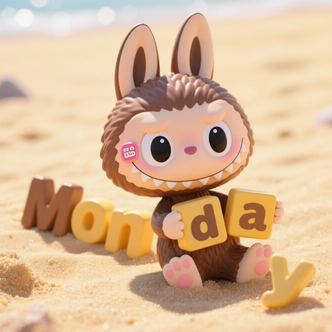 它手拿英文“Monday”，在沙滩上晒太阳，手机壁纸，尺寸9比16预览效果