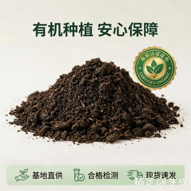 [主图 4] 突出有机认证品质保障
[氛围风格] 简洁干净专业风，信任背书氛围
[画面元素] 商业摄影质感、光线柔和通透、产品清晰真实、画面干净高级。一堆疏松有机泥土居中展示在纯白色背景上，右上角放置预览效果