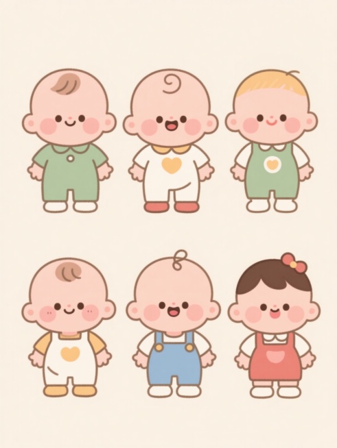六个穿着不同服饰的可爱婴儿小孩，表情各异，排列规整，浅色背景，卡通风格，圆润线条，柔和色彩，简单造型，温馨可爱，无LOGO，无电话地址，无二维码预览效果