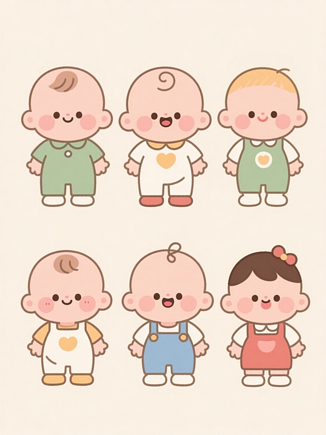 六个穿着不同服饰的可爱婴儿小孩，表情各异，排列规整，浅色背景，卡通风格，圆润线条，柔和色彩，简单造型，温馨可爱，无LOGO，无电话地址，无二维码
