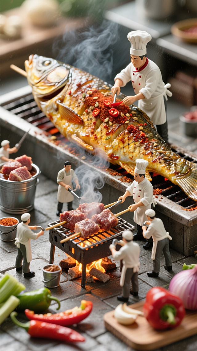 迷你厨师在巨型烤鱼准备孜然红色辣椒面。一些人将肉块腌制在小桶里，而另一些人则用微型工具小心翼翼地将烤鱼上。一个团队切辣椒和洋葱等蔬菜，另一个工人照看一个小烤架，肉下火焰闪烁。烤鱼串多汁金黄，表面冒着蒸汽。温暖的火光色调凸显了质朴的质感