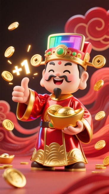 一个Q版的潮流财神爷，头戴电子屏官帽，身穿炫光材质的红金战袍，他不再抱元宝，而是对着你竖起大拇指点赞，每点一次赞，指尖就迸发出一串金币和“+1”的特效，背景是流动的红色祥云，充满正能量和互动感。预览效果