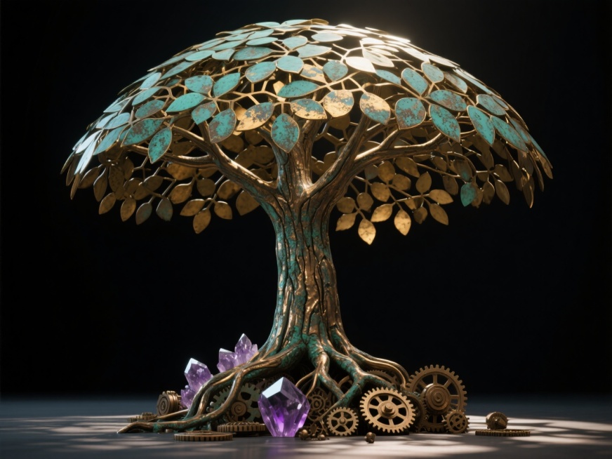 超高精度3D渲染，一棵由抛光青铜铸造的巨型乔木雕塑，粗壮的树干表面保留着工匠精心雕琢的锤击纹理与氧化绿锈，伞形树冠由数千片镂空黄铜叶片构成，叶片边缘呈现出渐变的青绿色铜锈，阳光透过叶片在地面投下斑驳的几何阴影，青铜树根部分缠绕着半透明的紫水晶簇，树根周围散落着被铜绿侵蚀的古旧齿轮与机械零件，整体悬浮于纯黑色天鹅绒背景前，侧逆光勾勒出金属的冷峻轮廓与水晶的内部折射光效，营造出工业时代与自然力量对……预览效果