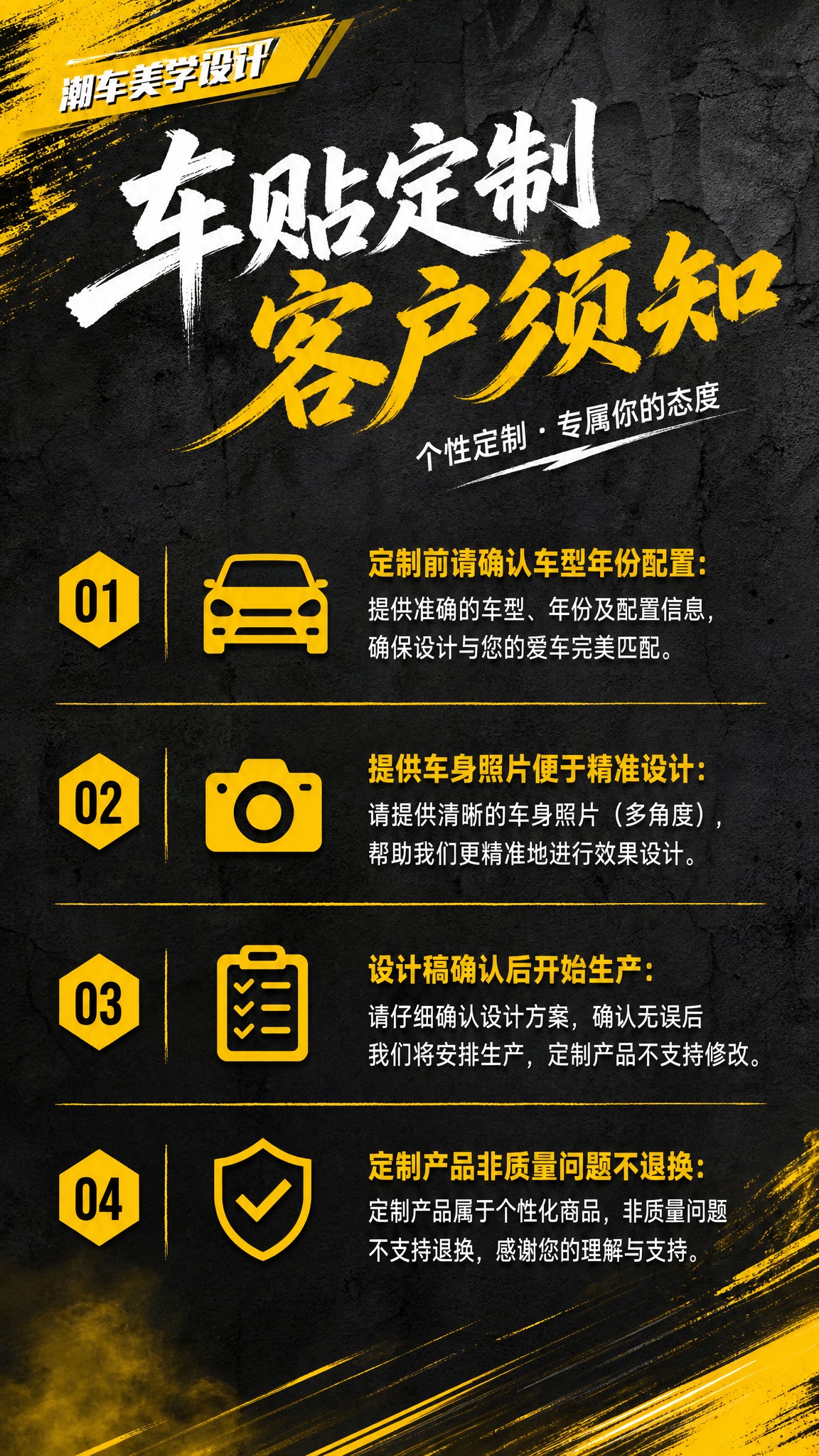 [方案A] 车贴定制客户须知，详情页第2页，9:16竖版，深灰… - 图片创意预览