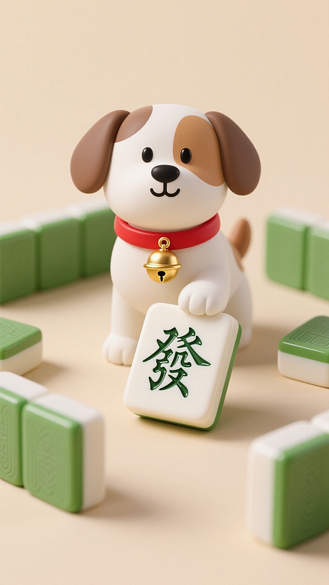 软3D风拟人小狗手持“发”字麻将，粘土质感萌趣十足，温馨可爱，节日氛围满满。