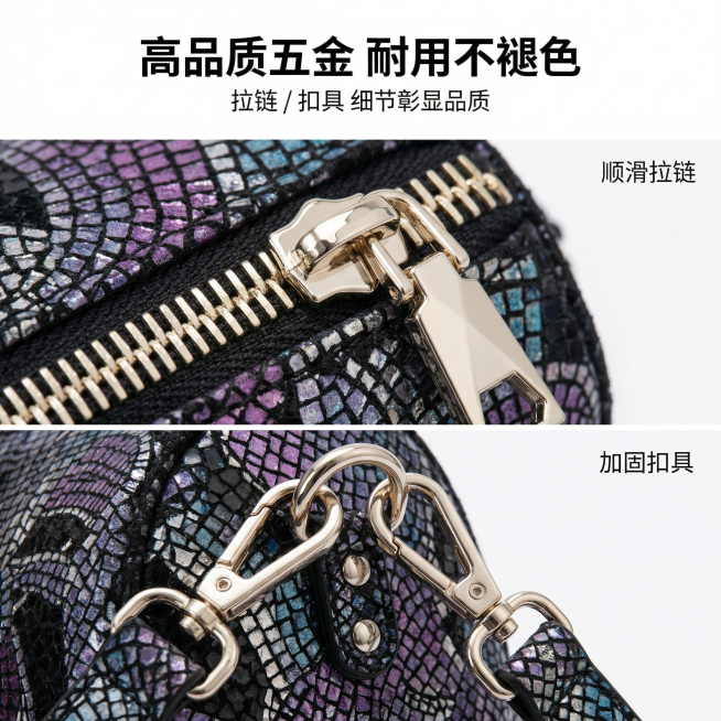商业级微距摄影风格，严格还原产品五金细节，专业影棚侧光，纯白背景，无阴影，8K 超清，极致锐利；顶部居中位置是加粗无衬线黑体主标题"高品质五金 耐用不褪色"，主标题下方居中是细体无衬线黑体副标题"拉链预览效果