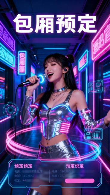 赛博朋克风融合美女麦克风唱歌，霓虹灯与金属质感交织，未来感十足的包厢预定海报，酷炫趣味并存，科技感满溢。预览效果