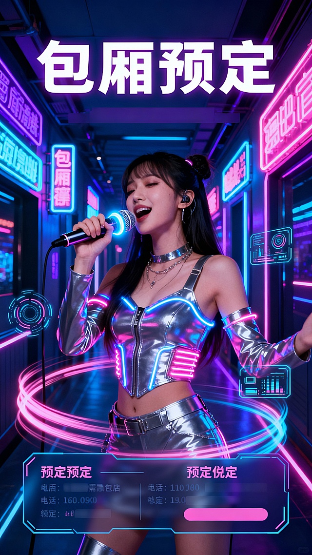 赛博朋克风融合美女麦克风唱歌，霓虹灯与金属质感交织，未来感十足的包厢预定海报，酷炫趣味并存，科技感满溢。