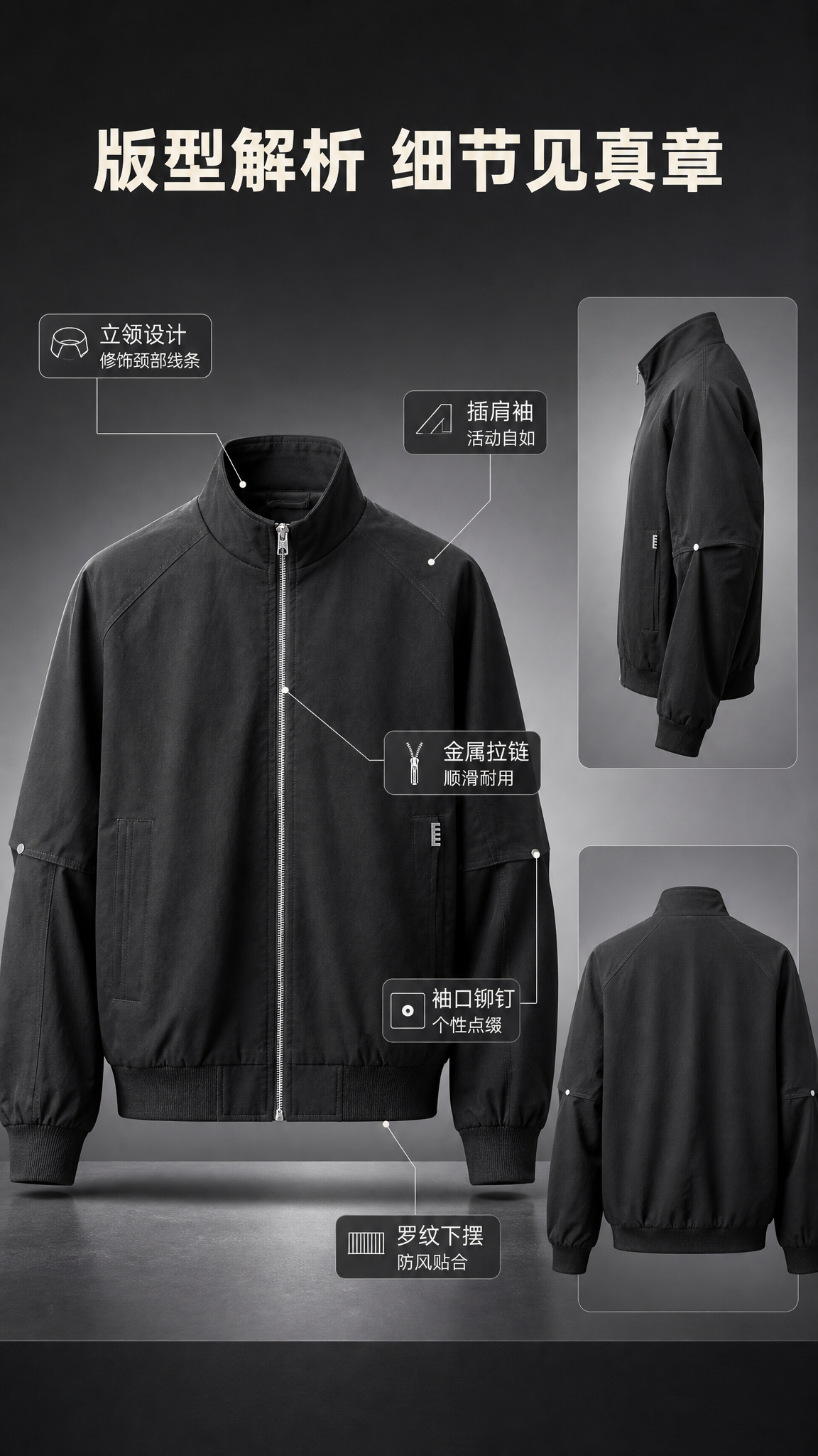 [商品] 使用【图1】黑色立领男士夹克；商品处理：保留立领、金… - 图片创意预览