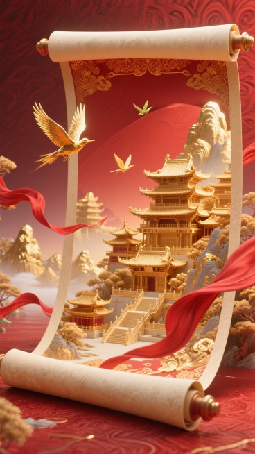 红色为主色调。红色暗纹渐变背景，画面主体是华丽精致的立体卷轴展开的效果，卷轴内有通体黄金的古典楼阁建筑群、金色山水景观，搭配红色飘带、金色飞鸟预览效果