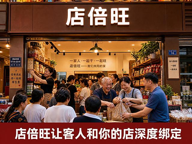 写实风格的实体店场景图，4:3比例。画面主体是一家热闹的实体门店，店内店外顾客盈门，生意火爆。店内老板与几位熟客顾客一起忙碌经营，有的顾客帮忙整理货架，有的帮忙招呼新客人，有的在柜台旁和老板有说有笑地帮忙打包商品，氛围温馨和谐，体现顾客与店家深度绑定、像一家人一样共同经营的感觉。门店招牌上有"店倍旺"三个字，字体清晰醒目。画面下方或显眼位置有一行清晰的中文文字："店倍旺让客人和你的店深度绑定"，文字准确无误，字体工整清晰。整体光线明亮温暖，充满烟火气，超写实摄影风格，细节丰富，画质高清。