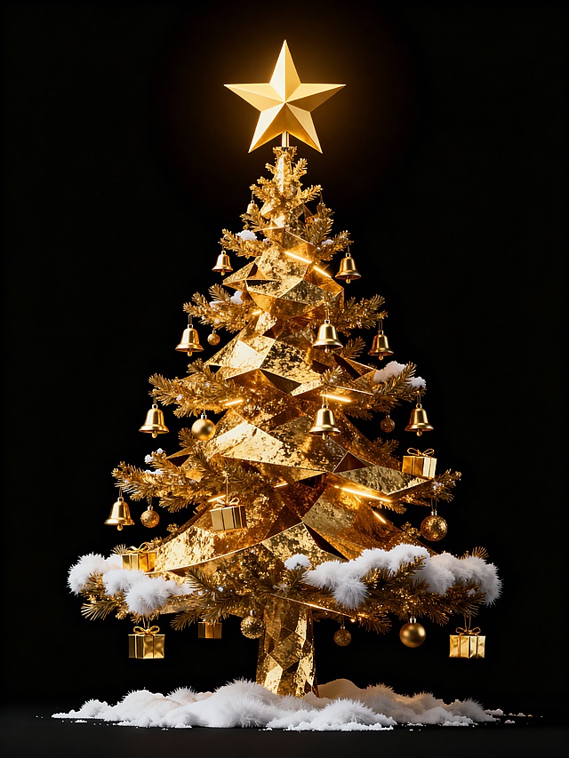 鎏金风3D圣诞树，几何切割造型搭配金属质感，光影交织，奢华喜庆，虚拟自然雪景点缀，尽显节日仪式感。