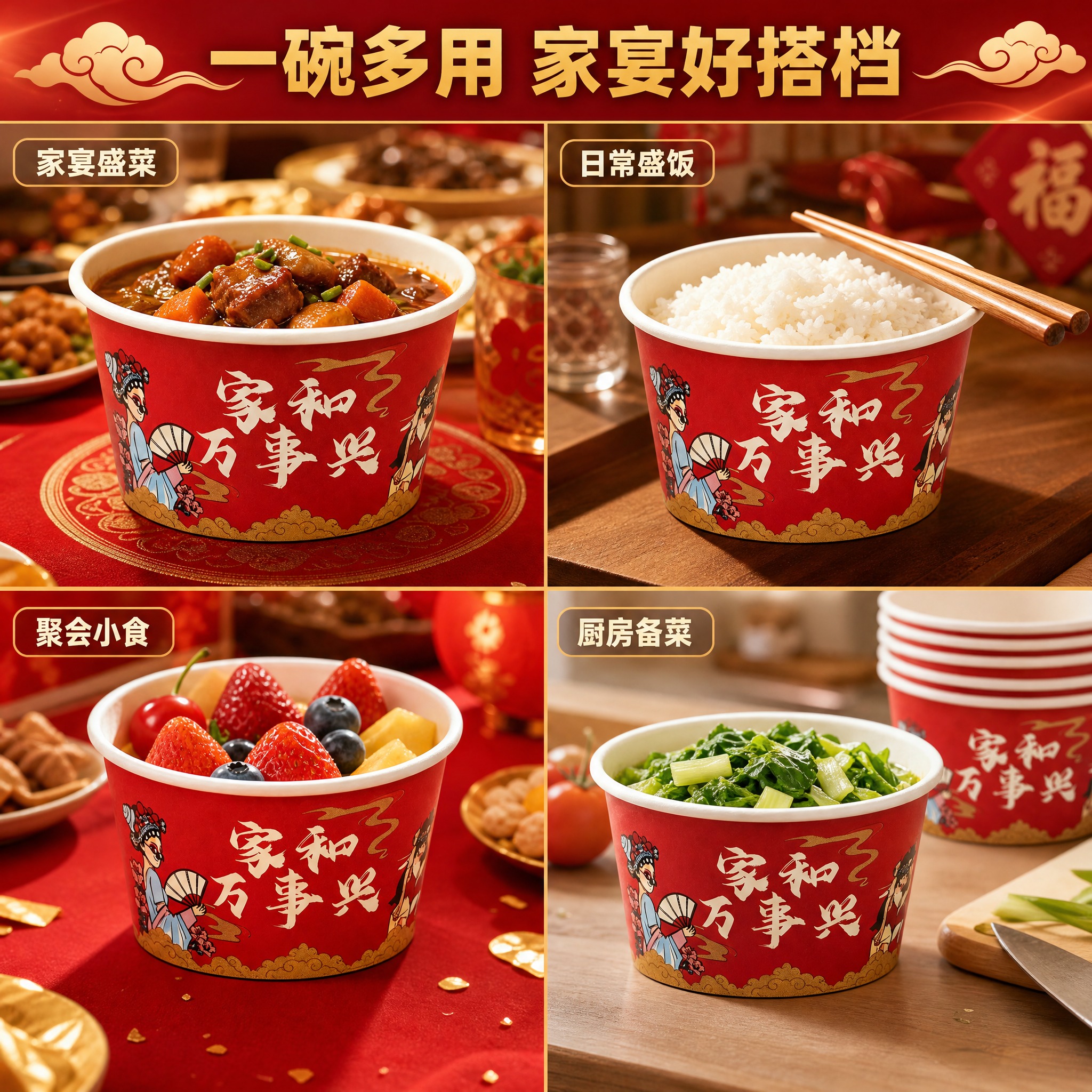 [主图4] 家和万事兴加厚纸碗 场景适用图，唯一任务：用四宫格… - 图片创意预览