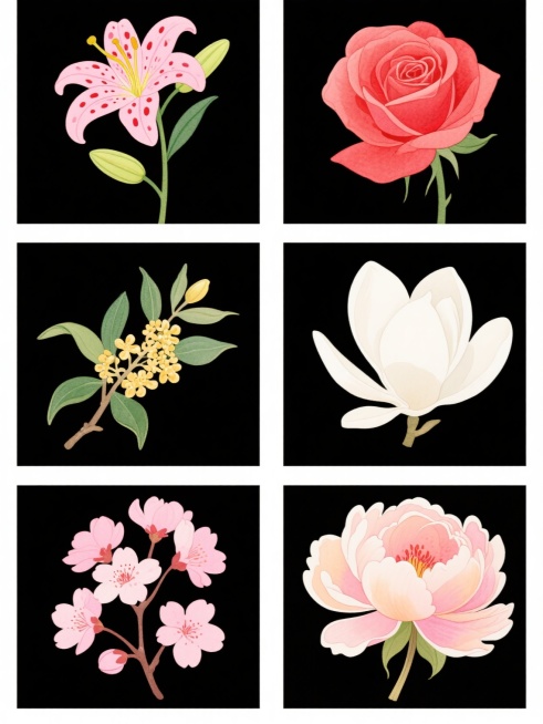 一张简约现代风格的插画海报，画面以纯白色为纯色背景，六个规整排布的花朵素材图案呈整齐的网格状分布。每个素材均为单一花朵造型，分别是：一朵粉色花瓣带有红色斑点的百合花，花蕊为黄色，花茎上有绿色叶片和花苞；一朵小巧的金黄色桂花，簇拥在绿色枝叶间；一朵饱满的玫瑰花，花瓣层层叠叠，呈现出优雅的红色；一朵洁白的白玉兰，花瓣舒展，姿态端庄；一簇粉嫩的樱花，花瓣轻盈，带有淡淡的红晕；一朵色彩柔和的芍药花，花……预览效果