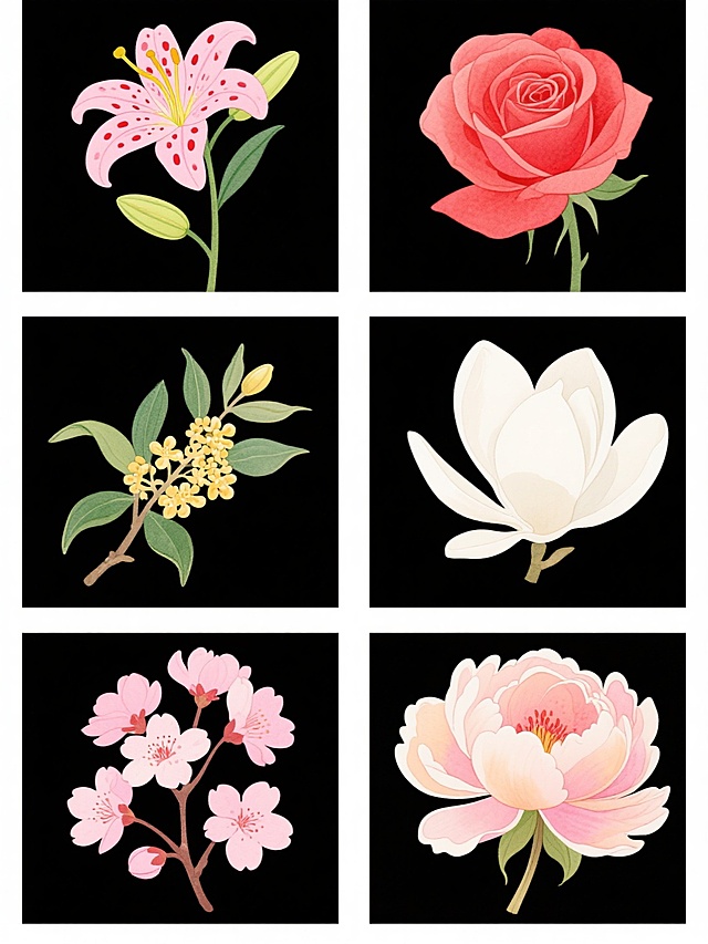 一张简约现代风格的插画海报，画面以纯白色为纯色背景，六个规整排布的花朵素材图案呈整齐的网格状分布。每个素材均为单一花朵造型，分别是：一朵粉色花瓣带有红色斑点的百合花，花蕊为黄色，花茎上有绿色叶片和花苞；一朵小巧的金黄色桂花，簇拥在绿色枝叶间；一朵饱满的玫瑰花，花瓣层层叠叠，呈现出优雅的红色；一朵洁白的白玉兰，花瓣舒展，姿态端庄；一簇粉嫩的樱花，花瓣轻盈，带有淡淡的红晕；一朵色彩柔和的芍药花，花瓣边缘呈波浪状。所有花朵均采用细腻的线条勾勒，色彩明快且过渡自然，具有清晰的水彩质感和手绘感，整体设计简洁大方，信息传达清晰，符合现代简约的审美，适合作为装饰或素材使用。