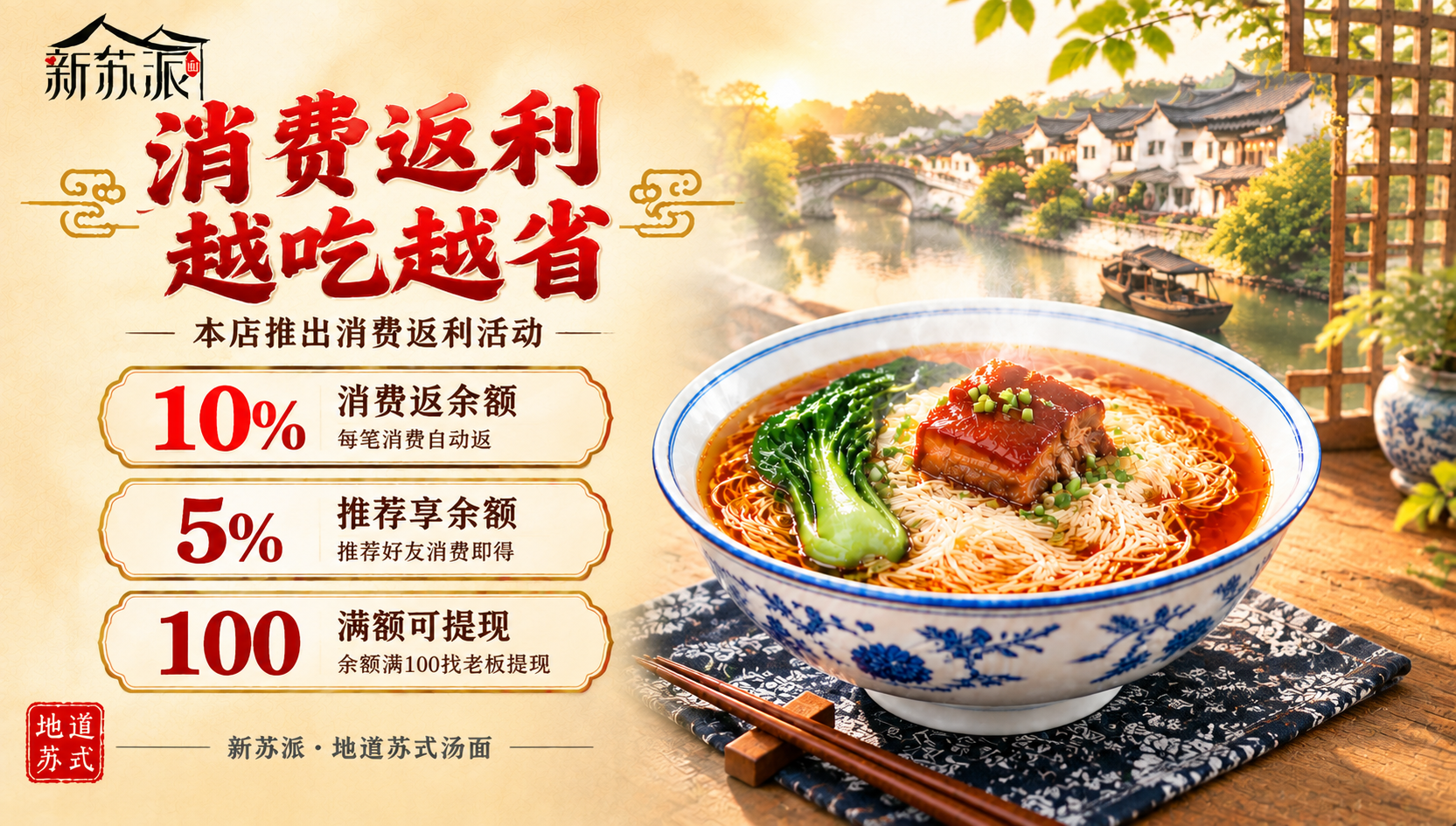 新苏派苏式汤面消费返利活动海报，横版，基于原图风格整体修改：暖… - 图片创意预览