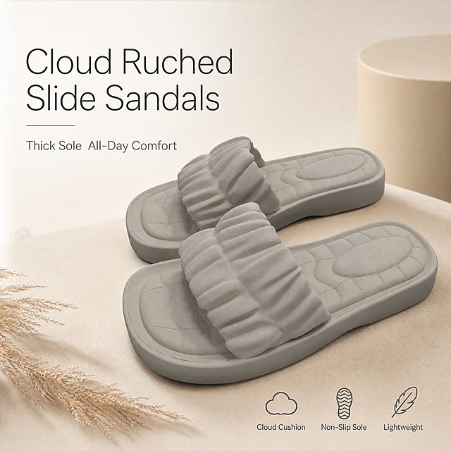 [单张主图] Cloud Ruched Strap Slide Sandals，高级氛围感路线，适配马来西亚 Amazon 跨境平台，1:1 方图，单张同时承担点击、理解、信任与转化。

[画面主体] 一双浅灰色褶皱云朵宽带凉拖，保持与输入产品图完全一致的外观：单条宽面带上有立体褶皱云朵肌理，厚底平底设计，鞋床有缝线纹路，方头鞋型，EVA 质感材质，颜色为浅灰/水泥灰。两只鞋呈 45° 侧视错落摆放，前景一只为左脚靠近画面中心偏右，后景一只为右脚在左后方，形成自然前后层次。产品主体占画面约 55%-60%，完整不裁切，鞋型轮廓清晰。

[构图版式] 采用「左文右物场景型」高级感版式：左侧 35%-40% 为留白信息区，放置英文主标题、副文案和 3 个线稿图标卖点；右侧 55%-60% 为产品主体区，产品放置在浅米色哑光台面上，背景为柔和的奶油白渐变与浅米色空间，营造东南亚明亮温暖的高级质感。

[场景元素] 背景为奶油白到浅米色的柔和渐变，底部是哑光浅米色台面，产品下方有自然柔和的接触阴影。产品周围点缀少量极简装饰：左前方有一小片干枯的米色蒲苇草叶，右后方有一个模糊的浅米色圆柱几何体作为背景层次，整体干净克制。画面右下角放置 3 个小型线稿图标卖点，水平排列，每个图标下方配一行小号英文说明。

[文案版式] 所有可见文字均为英文，字体为现代无衬线细体，字重克制，靠留白与对齐分层级。
主标题（左上，大号，两行）：
"Cloud Ruched"
"Slide Sandals"
副文案（主标题下方，小号，一行）：
"Thick Sole  All-Day Comfort"
三个图标卖点（右下，水平排列，图标+小字）：
- 云朵图标 + "Cloud Cushion"
- 鞋底纹理图标 + "Non-Slip Sole"
- 羽毛轻量图标 + "Lightweight"
文字全部放在左侧留白和右下角空白区，不遮挡产品主体。

[光影质感] 柔和自然光从左上方斜射，产品表面有细腻的高光过渡，褶皱肌理的明暗层次清晰，厚底侧面有柔和的明暗交界线。整体为商业时尚摄影质感，浅景深，背景轻微虚化，产品边缘清晰锐利，投影自然柔和，不悬浮。

[配色字体] 主色：奶油白、浅米色、水泥灰（产品色）；辅助色：浅卡其、暖棕；强调色：深灰（文字）。字体为现代无衬线细体，主标题字重中等，副文案和卖点字重更轻，字号层级分明。

[比例分辨率] 1:1 正方形，2K 分辨率，文字清晰可辨，产品细节锐利。

[负向提示词] 变形、错字、糊字、水印、平台 Logo、伪 Logo、主体遮挡、背景杂乱、低清晰度、错误鞋型结构、悬浮感、强促销爆炸贴、廉价感、中文文字、多余手指、人物面部、边框装饰、过度锐化、色差严重。