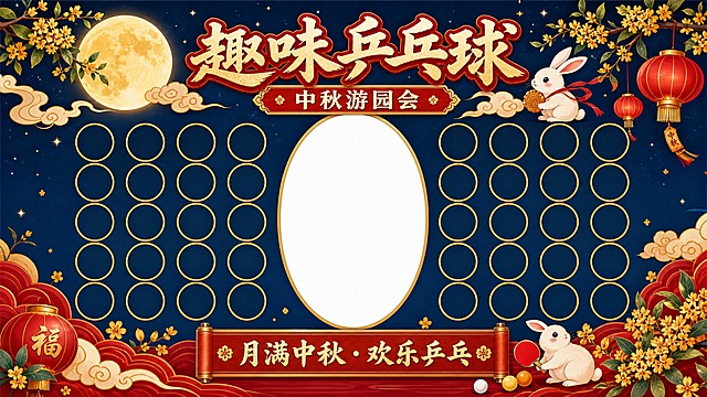 制作一张校园中秋活动的《趣味乒乓球》游戏背景板设计图，横版宽幅构图，适合打印成活动背景板。整体为中秋国风喜庆氛围：深蓝夜空、暖金色满月、玉兔、桂花枝、祥云、红灯笼等元素点缀，红金配色为主。背景板上方居中大标题“趣味乒乓球”，字体醒目喜庆，标题下方有副标题“中秋游园会”。背景板正中间为竖向椭圆形留空区域，用于脸部镂空拍照或贴装饰，该区域内保持干净空白、不画任何杯位。左右两侧各排列3个圆形纸杯杯位标记，共6行，即每行6个杯位（左侧3个、中间空位、右侧3个），总计36个粘贴纸杯位置；杯位用清晰的金色描边圆圈标示，整齐对齐成6行6列网格，圆圈大小适合粘贴纸杯。背景板底部点缀中秋祝福短句“月满中秋·欢乐乒乓”，以及桂花、灯笼等装饰元素。整体版式清晰精美，杯位数量精确为36个，中间空位干净无遮挡，高清画质，横版16:9。