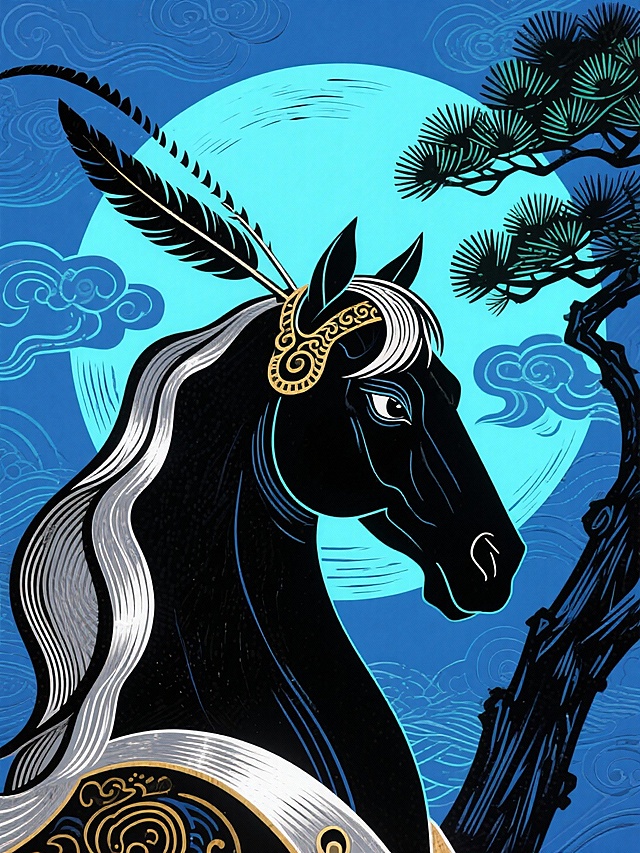 国潮风插画，黑骏马配鎏金纹饰，月夜松影间透出神秘静谧，描边线条勾勒古典韵味。