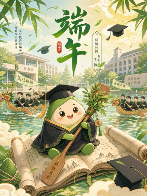 国潮插画风格端午节海报，大学校园场景，明亮清新。画面中心是一只可爱的卡通粽子，戴着黑色学士帽穿着学士服，坐在一本打开的古风书卷上，手里拿着一把系着艾草的龙舟桨。背景是大学图书馆和教学楼前的湖面上，穿学预览效果