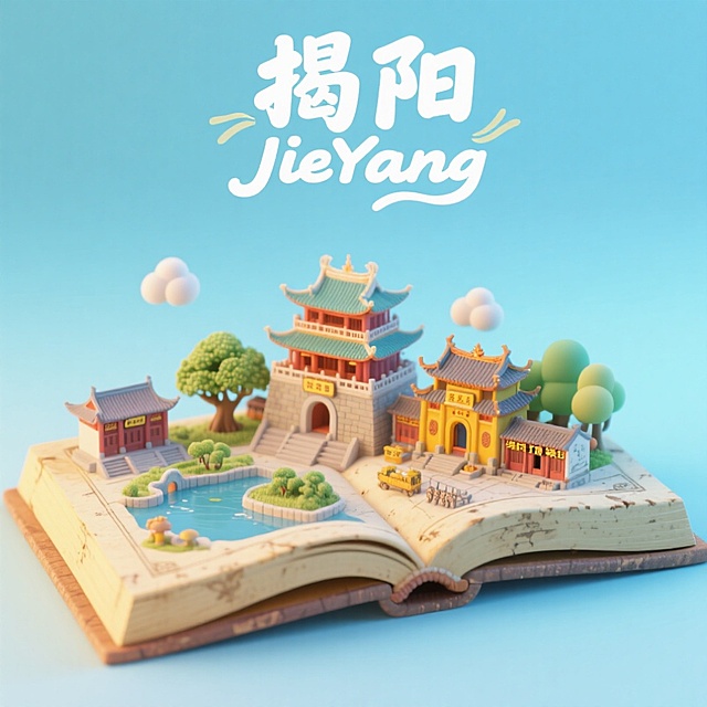 一本打开的古代书籍，书是打开的，书上是揭阳古城市景观微缩模型，有揭阳楼，揭阳学宫、城隍庙，榕江西湖，黄龙寺，打铜街，上方有中文“揭阳”和英文“JieYang”，整体画面生动，色调温暖明快，充满活力与朝气，具有梦幻感，背景为浅蓝色渐变。
