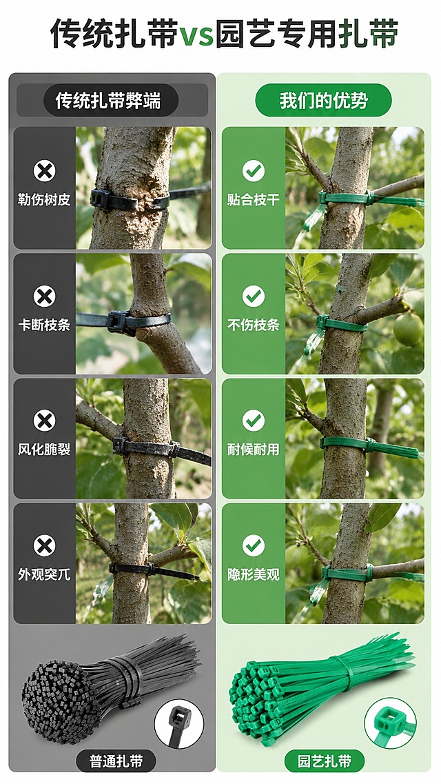 [第2屏] 详情页痛点对比页，园艺尼龙扎带痛点直击对比版面。本屏使用【图1】展示本品，【图9】展示普通扎带。
[氛围/风格] 写实果园实景，高清商业摄影，对比清晰，简约干净版面。
[元素布局] 左右分屏对比设计，左侧展示普通黑白硬扎带捆绑枝条，呈现勒伤树皮、卡断枝条、风化脆裂、外观突兀问题；右侧展示本品绿色柔韧园艺扎带，贴合枝干、无挤压损伤、隐形不突兀、牢固不脱落；画面对比强烈，一目了然，产品颜色、结构与对应输入图片保持一致。
[光影质感] 均匀自然光照明，双侧光影对称，对比双方明暗一致，细节清晰可见。
[配色色系] 全局底色 #F8FBF9；左侧深灰背景突出弊端，右侧浅绿背景突出优势，文字黑白清晰对比。
[视角构图] 横向分屏对称构图，左右主体大小一致，视线平衡移动。
[文字版式] 顶部标题「传统扎带vs园艺专用扎带」，居中排列；左侧分区标题「传统扎带弊端」，列举「勒伤树皮、卡断枝条、风化脆裂、外观突兀」；右侧分区标题「我们的优势」，列举「贴合枝干、不伤枝条、耐候耐用、隐形美观」，文字分区清晰，不遮挡主体对比画面。
[比例分辨率] 9:16 竖版比例，4K分辨率，文字清晰可辨，高清画质。
[负向提示词] 比例失衡，产品错位，颜色混淆，文字错乱，水印，背景杂乱。
