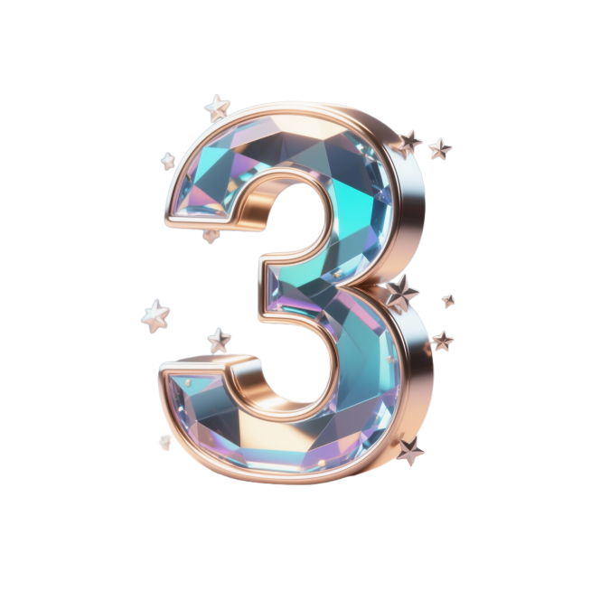 做一个数字“3”，3D立体质感，呈现出光滑的金属边框与半透明渐变宝石般的中心区域，搭配小星星装饰元素，整体光影效果明亮柔和，高光与阴影过渡自然，背景为纯色无任何文字、logo或水印，视觉层次分明，信息预览效果