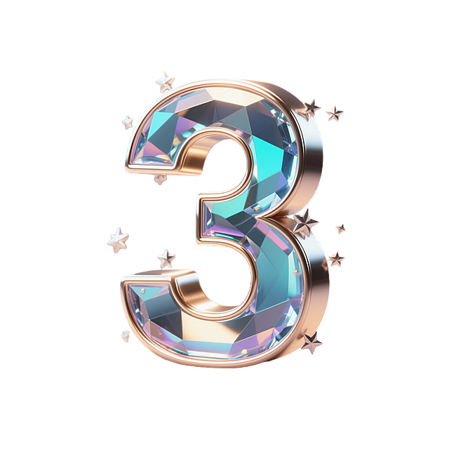 做一个数字“3”，3D立体质感，呈现出光滑的金属边框与半透明渐变宝石般的中心区域，搭配小星星装饰元素，整体光影效果明亮柔和，高光与阴影过渡自然，背景为纯色无任何文字、logo或水印，视觉层次分明，信息传达清晰，符合现代设计感。