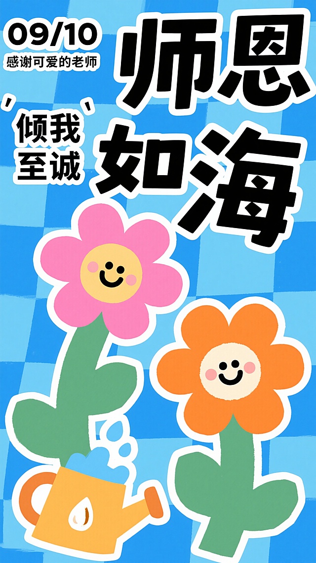 童趣剪纸风，明亮蓝底棋盘格，粗白描边平涂色块，黑色字标题“师恩如海”+“倾我至诚”标语，搭配拟人花朵（粉/蓝/橙，带笑脸表情）、浇水壶（水滴装饰），补充日期“09/10”与”感谢可爱的老师”