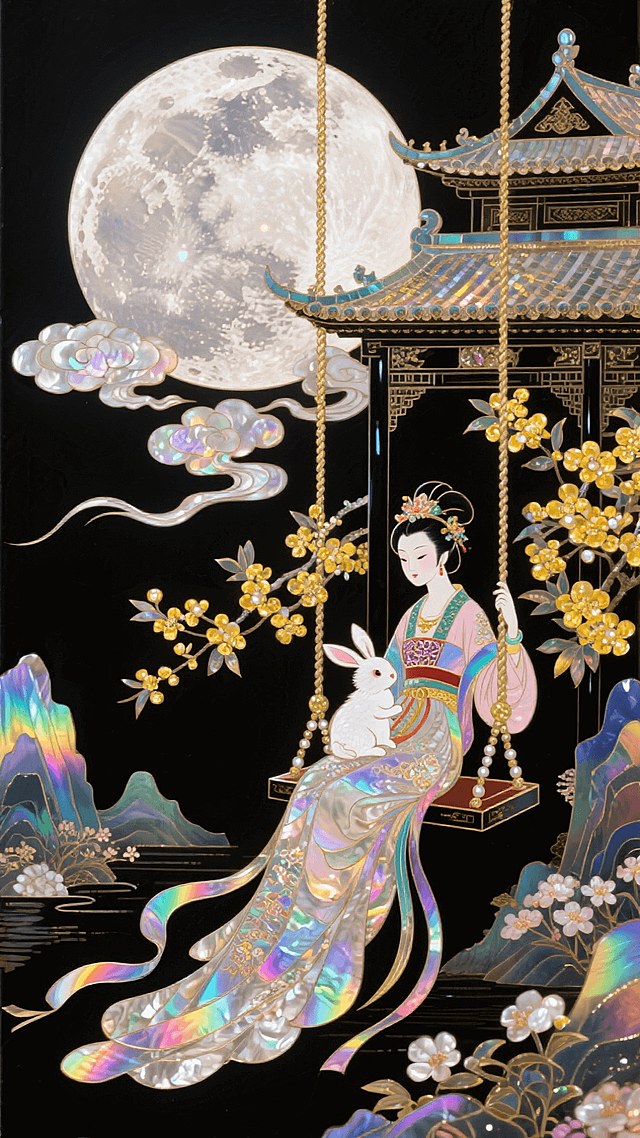 国潮，极繁主义，嫦娥怀抱玉兔坐在秋千上，她的身后是广寒宫，她们居住在一轮巨大圆月上，秋千绳索装饰有桂花，祥云流动环绕整个画面，背景含大量中国风花卉元素和山水，迷幻，意识流，黑色背景