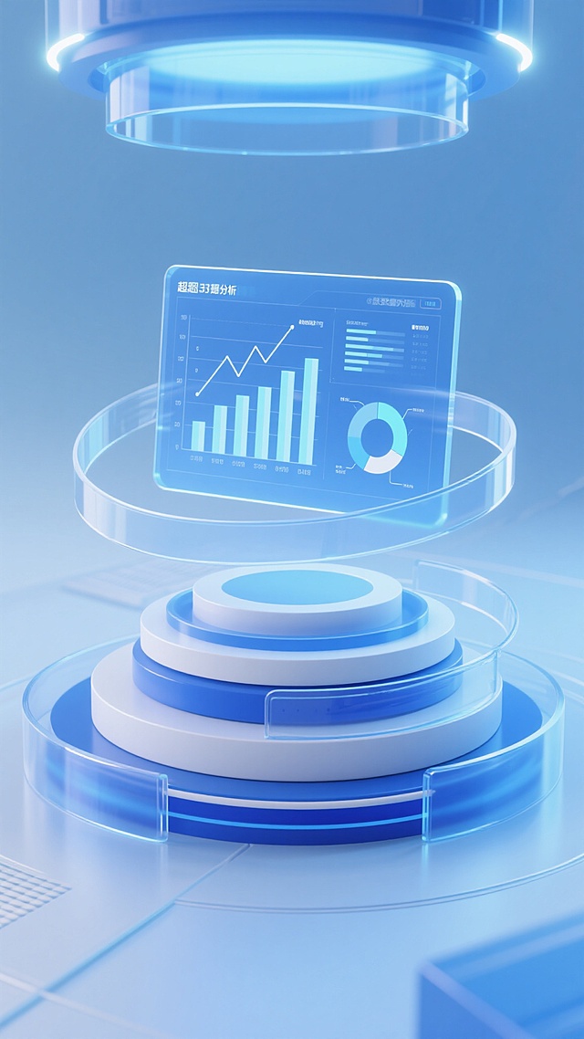 3D渲染风格，专业现代科技感的数据分析氛围，画面主体是悬浮在圆形基座上方的透明数据面板，面板上有柱状图、折线图和环形图，位于画面中间，基座为蓝白配色的多层结构，周围有旋转线条装饰，透明半透明塑料质感，带有光泽的材质，冷色调蓝色光线从上方和侧方照亮，增强立体感和科技感，整体配色以蓝色为主，背景为浅蓝色渐变，构图突出数据分析主题