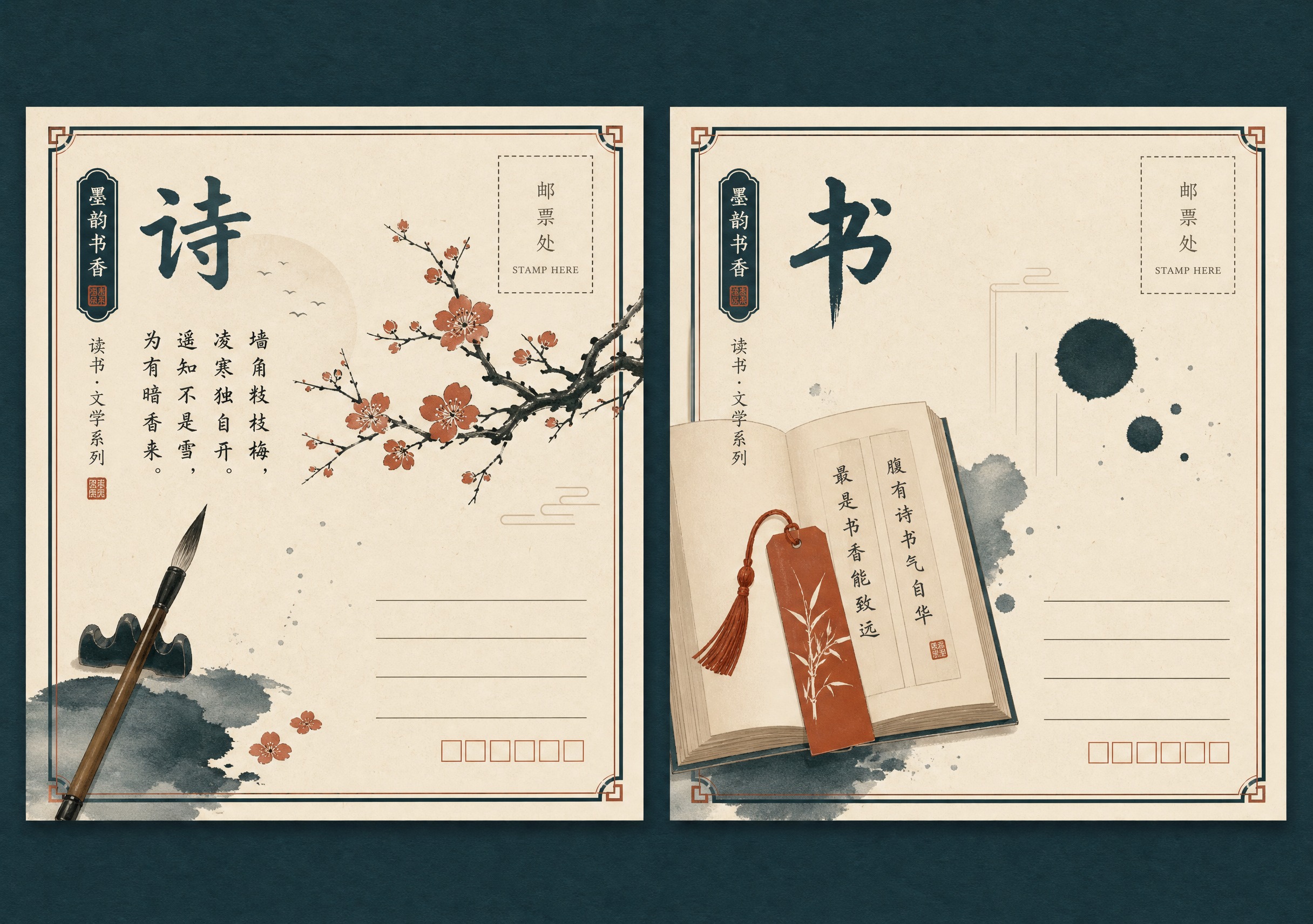 明信片一套2张并排展示，主题为"墨韵书香"读书文学系列。扁平化… - 图片创意预览