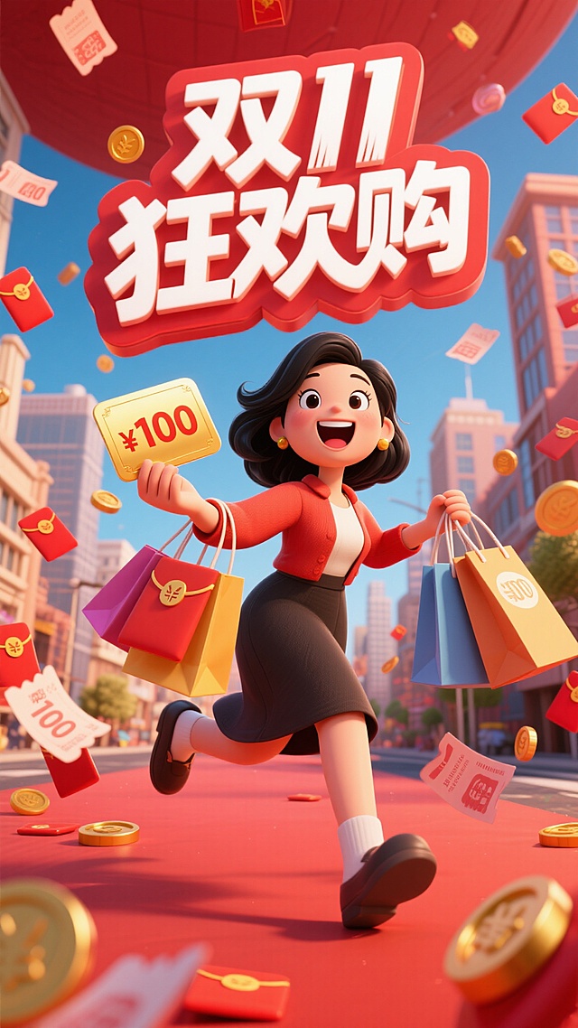 软3D卡通风格，国潮元素融合，喜庆红金主色，膨胀感字体与动态购物场景，营造双11狂欢促销氛围。