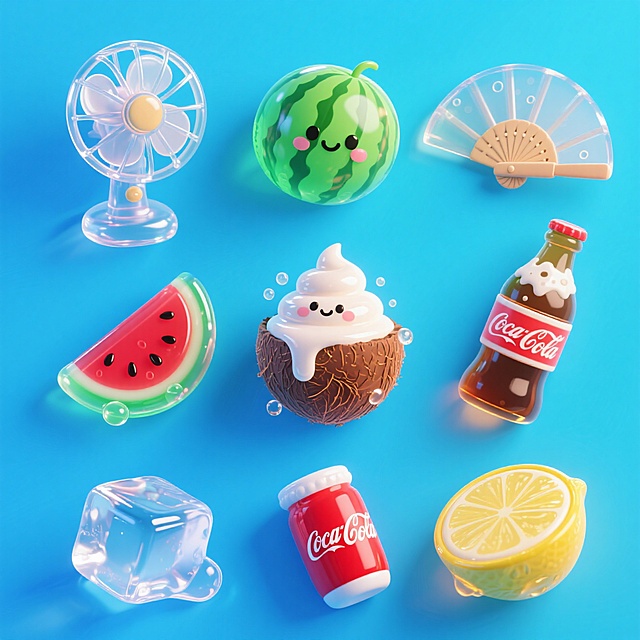 3D卡通风格，拟人化水果与饮品，塑料质感清凉可爱，夏日清爽感十足。