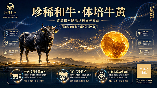 品牌主视觉海报，横版，珍稀和牛黄主题。主标题"珍稀和牛·体培牛黄"，副标题"智慧技术赋能珍稀品种养殖"。画面主体：一头高贵的黑毛和牛站在画面中央偏左，毛色油亮姿态优雅；右侧是一颗晶莹剔透的天然牛黄，散发温润的金黄色光芒。和牛与牛黄之间用发光的科技线条连接，象征技术赋能。背景：深邃的藏青蓝到暖金渐变，上方有淡淡的DNA双螺旋结构光纹，下方有牧场远山剪影。画面底部三大板块标签——"体内培育牛黄技术""和牛代孕技术""珍稀品种战略价值"，用发光图标表示。整体氛围：尊贵、珍稀、科技感与国药底蕴融合。版式：左牛右黄，标题居上，三模块居底，四周留安全边距。装饰文案"科技赋能珍稀·创新引领产业"。画面中所有信息区域填充完整合理内容，不得出现空白框。画面中所有二维码区域使用纯色方块占位符呈现，方块中央标注"二维码占位"文字，严禁生成任何可识别的二维码图案。2K超高清，高端农业科技感。