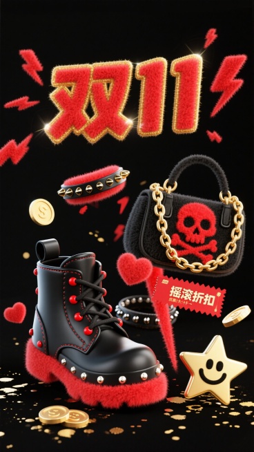 背景为纯黑色，带有红色的闪电光效和金色的泼墨痕迹，充满摇滚叛逆感。上方 “双 11” 字样是红色的立体字体，边缘有金色的描边，字体周围有红色的闪电特效。主体是一双黑红配色的马丁靴，鞋面是黑色的皮革，侧预览效果