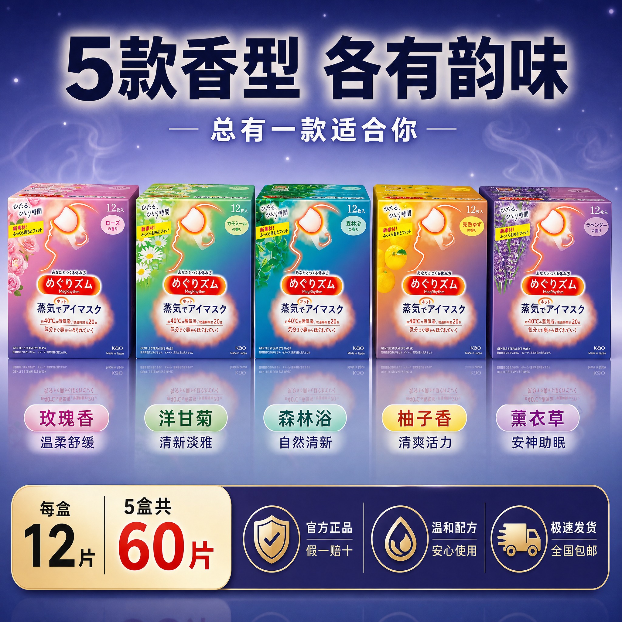 [主图-5] 5款香型全家福+规格信息图 花王美舒律蒸汽热敷眼… - 图片创意预览