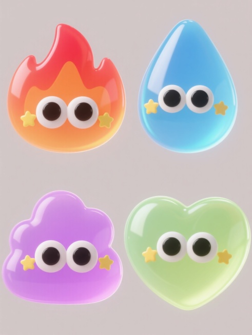 四个不同色彩的Q版卡通透明胶质元素系列集合，规整排布于纯色背景上，每个元素均具有圆润可爱的造型、透亮的渐变色彩、光滑的果冻质感、大大的黑色圆眼睛和白色眼白，以及围绕元素的黄色小星星装饰，整体保持统一的3D立体风格、柔和光影效果和简洁构图，元素内容分别为火焰形状、水滴形状、云朵形状和爱心形状，色彩依次为橙红色渐变、天蓝色渐变、粉紫色渐变和嫩绿色渐变，所有元素大小一致、间距均匀，形成协调的视觉整体。预览效果