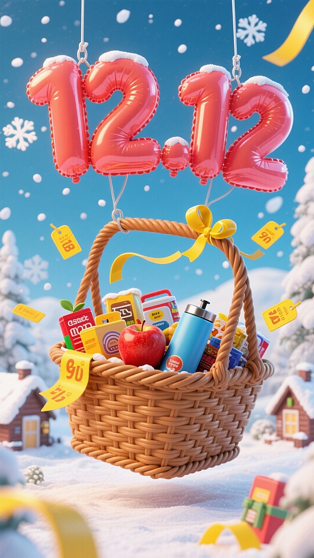 梦幻雪景中，3D充气数字“12.12”牵引着满载商品的编织篮，重拟物风塑料质感与可爱标签交织，营造喜庆节日氛围。