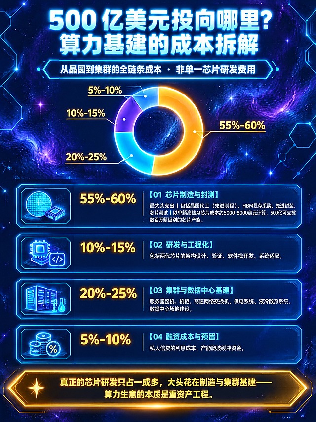 参照这张图的深空黑紫科技质感风格，生成一张新的成本拆解信息图，竖版3:4构图，2K超清。采用环形占比图+卡片列表的版面，数据用金色高亮。

顶部大标题："500 亿美元投向哪里？算力基建的成本拆解"
副标题小字："从晶圆到集群的全链条成本 · 非单一芯片研发费用"

画面上部：一个四段式环形占比图，四块颜色区分，标注四个占比数值："55%-60%"、"10%-15%"、"20%-25%"、"5%-10%"

画面中下部：四个成本项目卡片，每个卡片带占比、图标和说明：

【01 芯片制造与封测】占比 55%-60%
图标：晶圆、封装模块
内容："最大头支出 | 包括晶圆代工（先进制程）、HBM显存采购、先进封装、芯片测试 | 以单颗高端AI芯片成本约5000-8000美元计算，500亿可支撑数百万颗级别的芯片产能"

【02 研发与工程化】占比 10%-15%
图标：芯片设计图层、代码块
内容："包括两代芯片的架构设计、验证、软件栈开发、系统适配"

【03 集群与数据中心基建】占比 20%-25%
图标：机柜与液冷系统
内容："服务器整机、机柜、高速网络交换机、供电系统、液冷散热系统、数据中心场地建设"

【04 融资成本与预留】占比 5%-10%
图标：利息与资金池符号
内容："私人信贷的利息成本、产能爬坡缓冲资金"

底部结论条（金色渐变）：
"真正的芯片研发只占一成多，大头花在制造与集群基建——算力生意的本质是重资产工程"

保持深空黑紫渐变背景、磨砂玻璃质感、青蓝色流光粒子、卡片浅色边框与轻投影、干净高级、文字清晰层级分明。