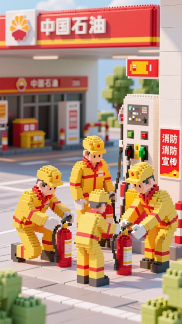 背景是中国石油加油站，前景是加油工人，4个人穿着工作服在加油站旁整理灭火器，鹅黄色加红色，加油站消防安全宣传氛围预览效果