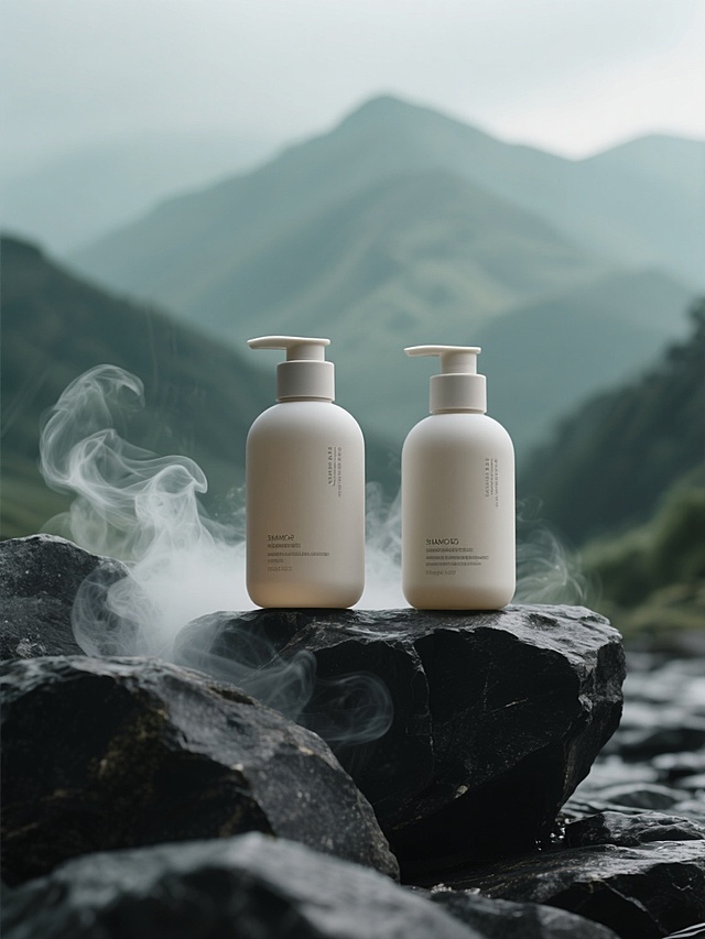 两瓶洗发水，磨砂质感瓶身，放置在黑色岩石上，石头缝隙中有少量烟雾缓缓蔓延至前景，背景是模糊的山脉，以淡墨绿色为主色调，高级产品摄影风格，超高清4K画质，光线柔和，突出瓶身质感与自然氛围的融合